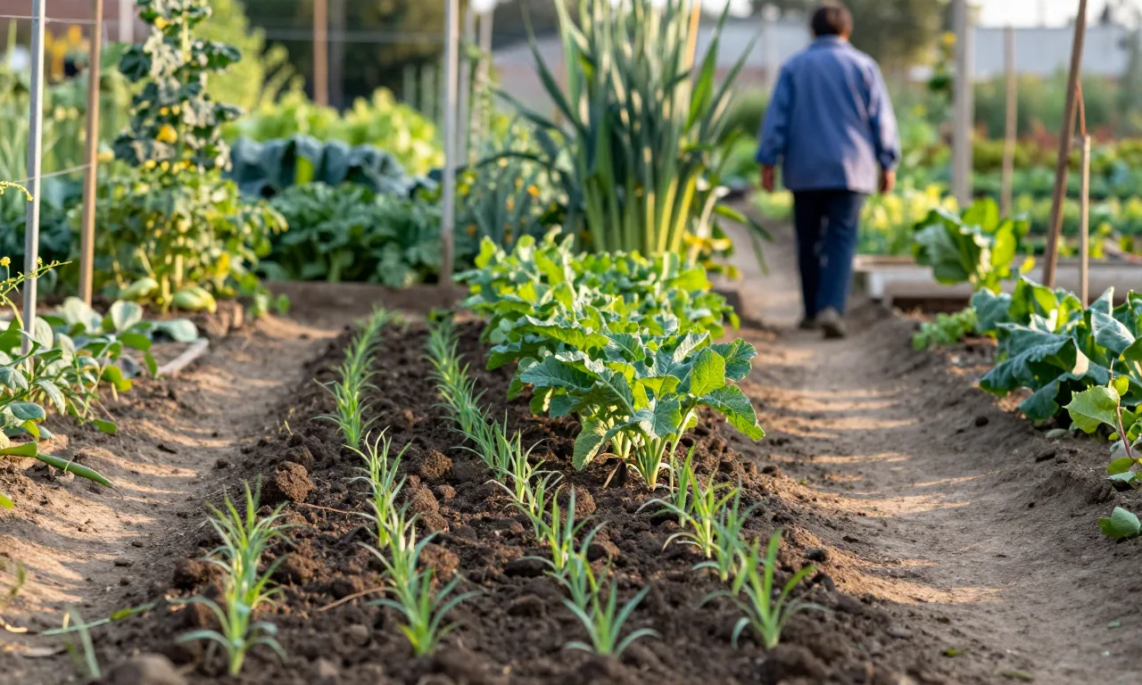 A market garden with crops at every stage of growth, from fresh seed rows to full harvest