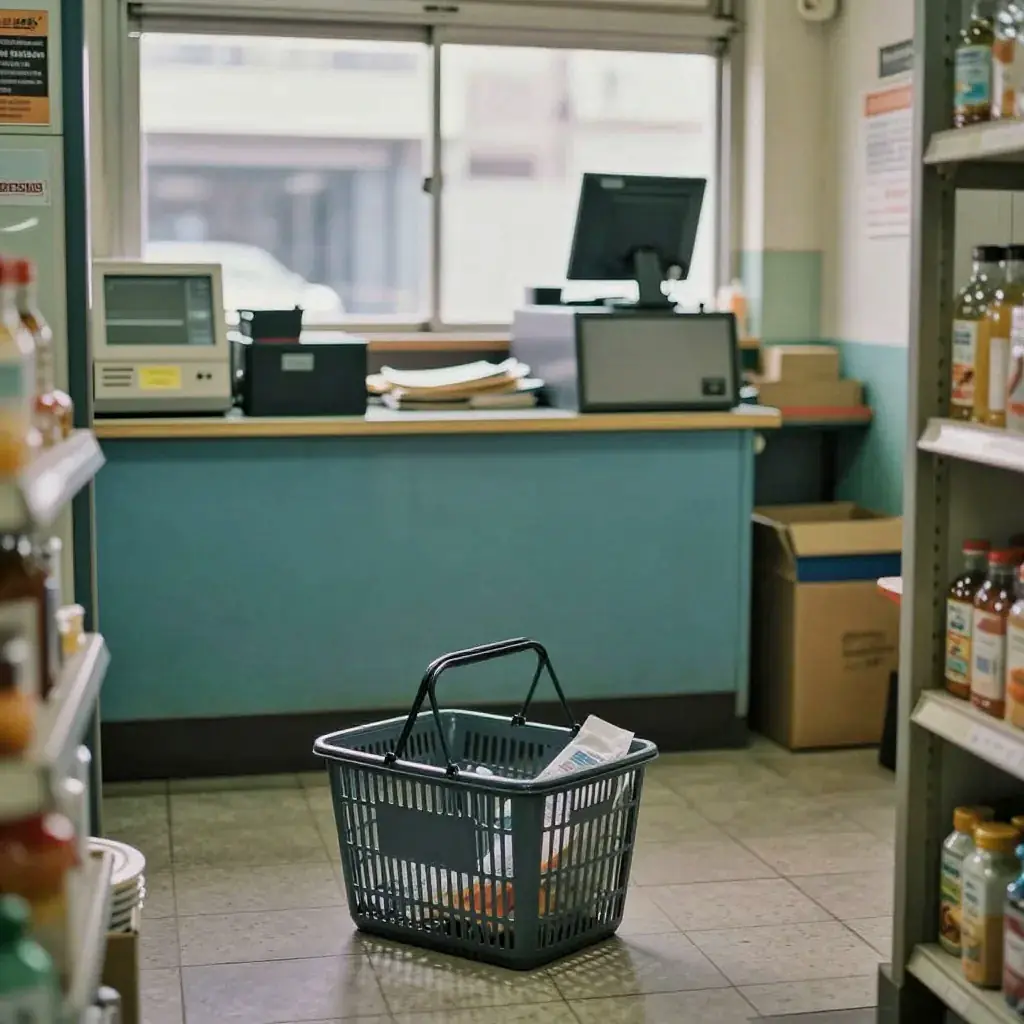 A lone loaded basket left alone near the closed register