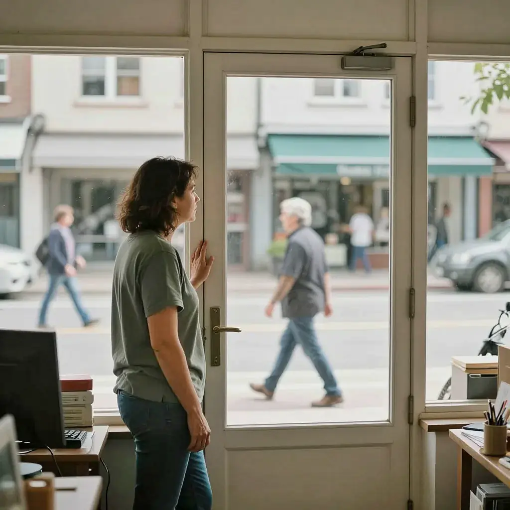 An owner leaning in the shop window watching passersby