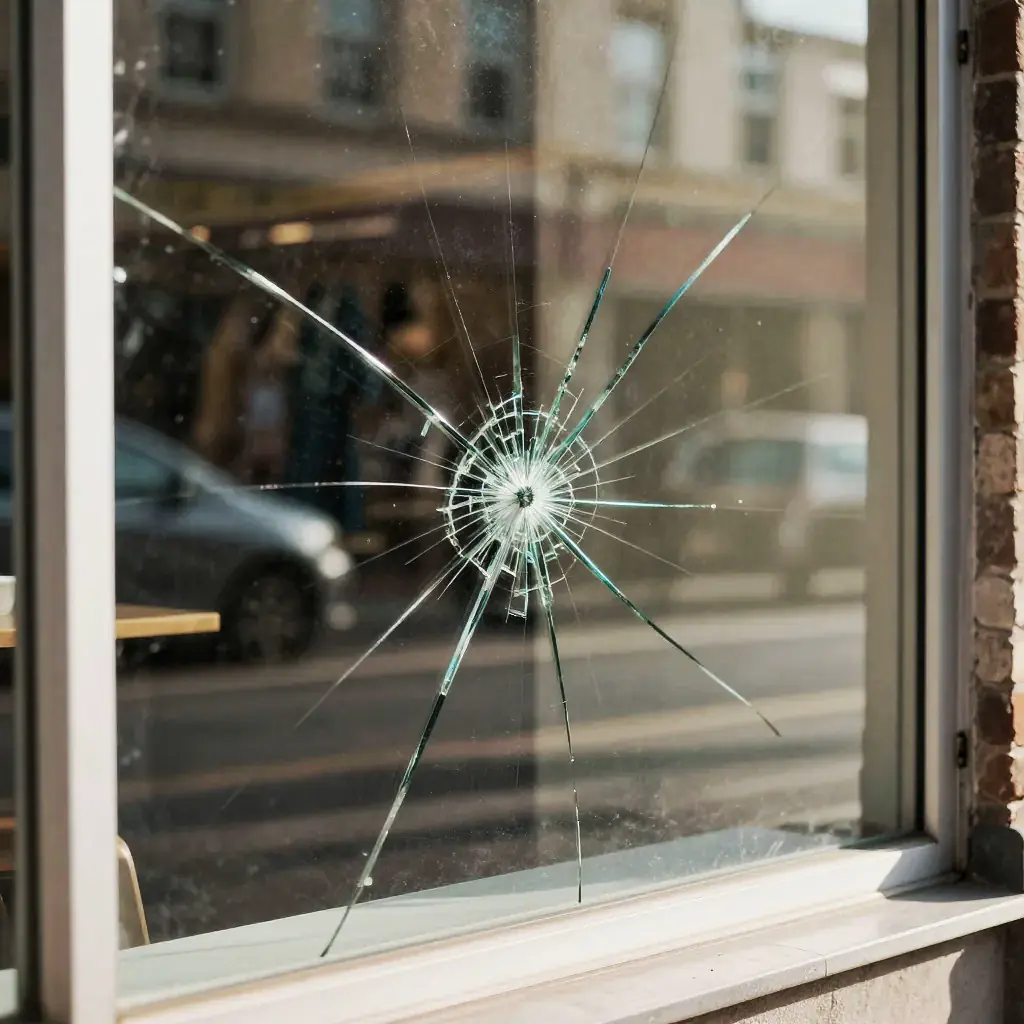 A crack across the shop window glass with the display behind