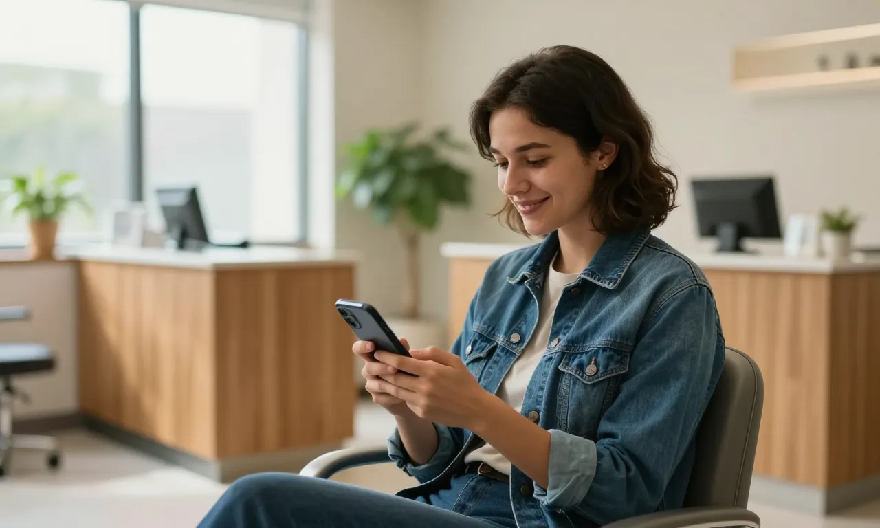 Patient smiling as she books an appointment on her phone in a bright dental waiting room