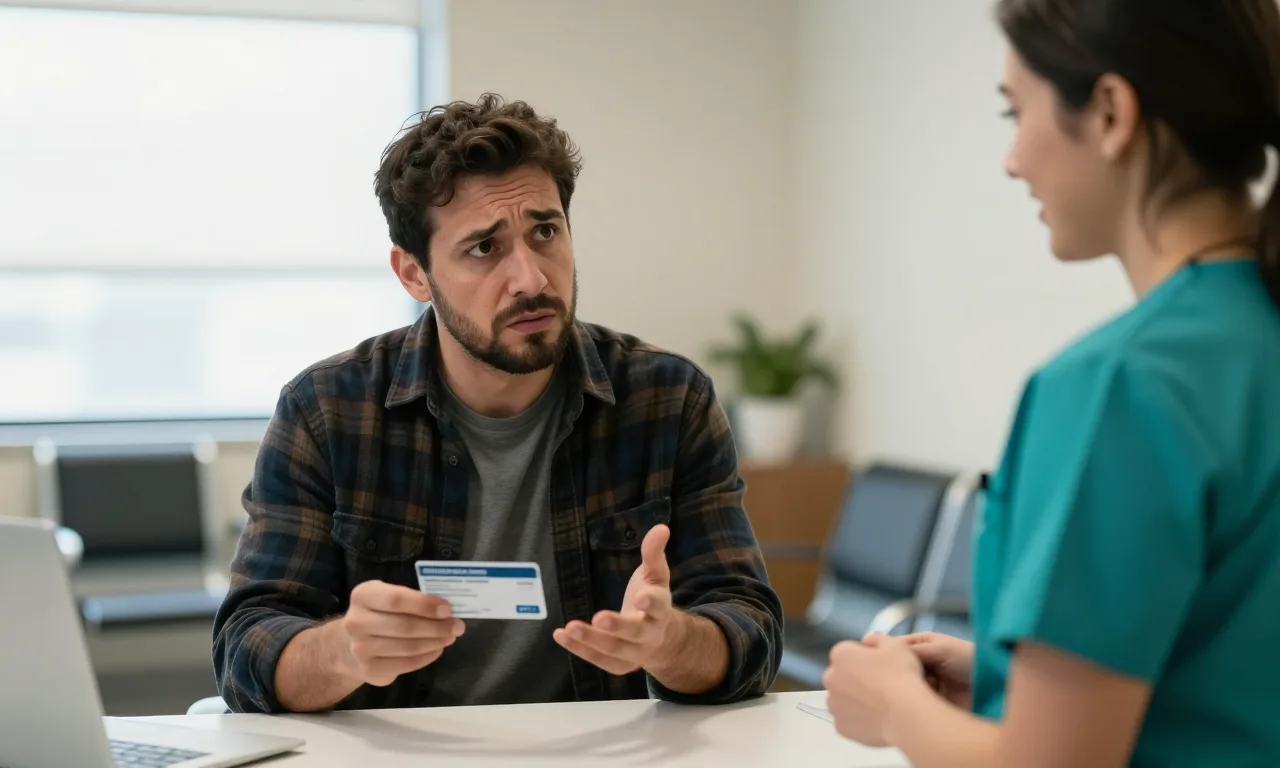 A man holding an insurance card at a dental reception desk while an apologetic receptionist explains the website's information was out of date