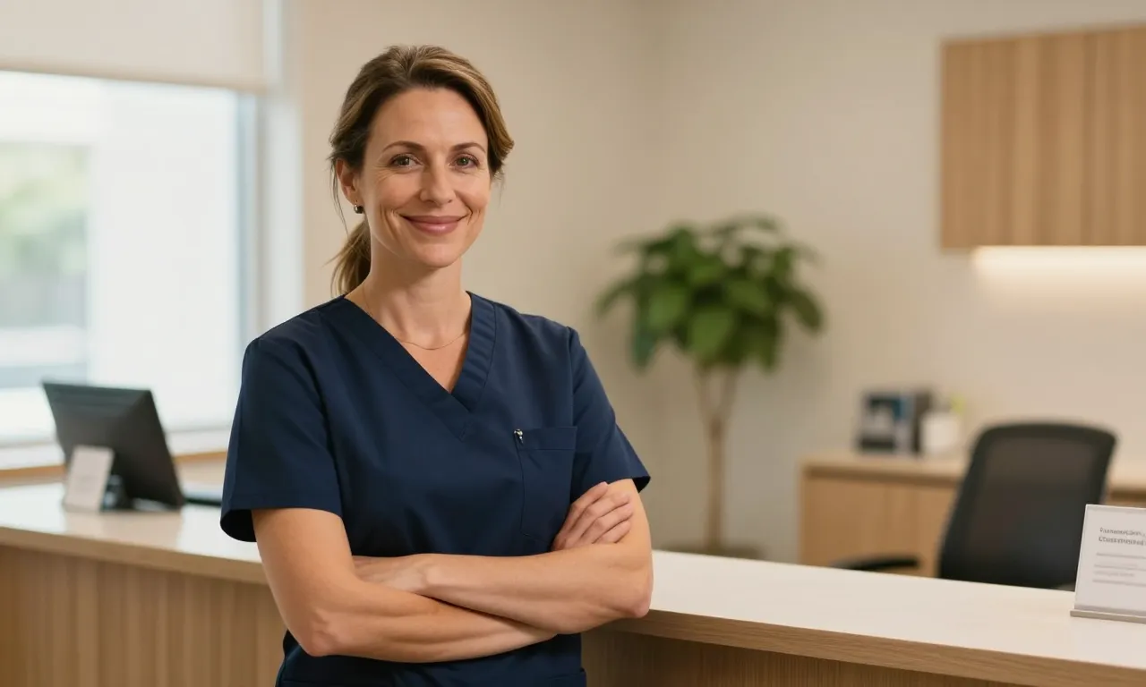 Friendly dentist in navy scrubs standing at the front desk of a cozy practice