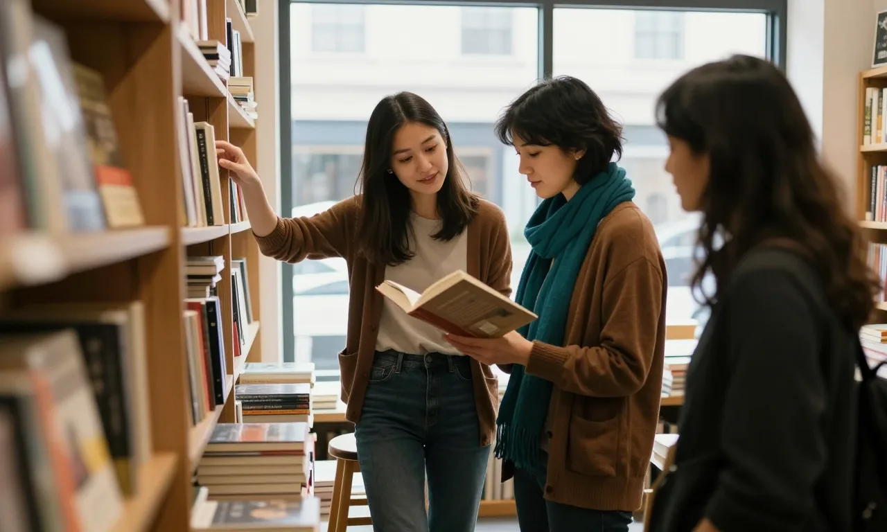 A used bookstore owner standing on a step stool shelving books while chatting warmly with a browsing customer holding an open book