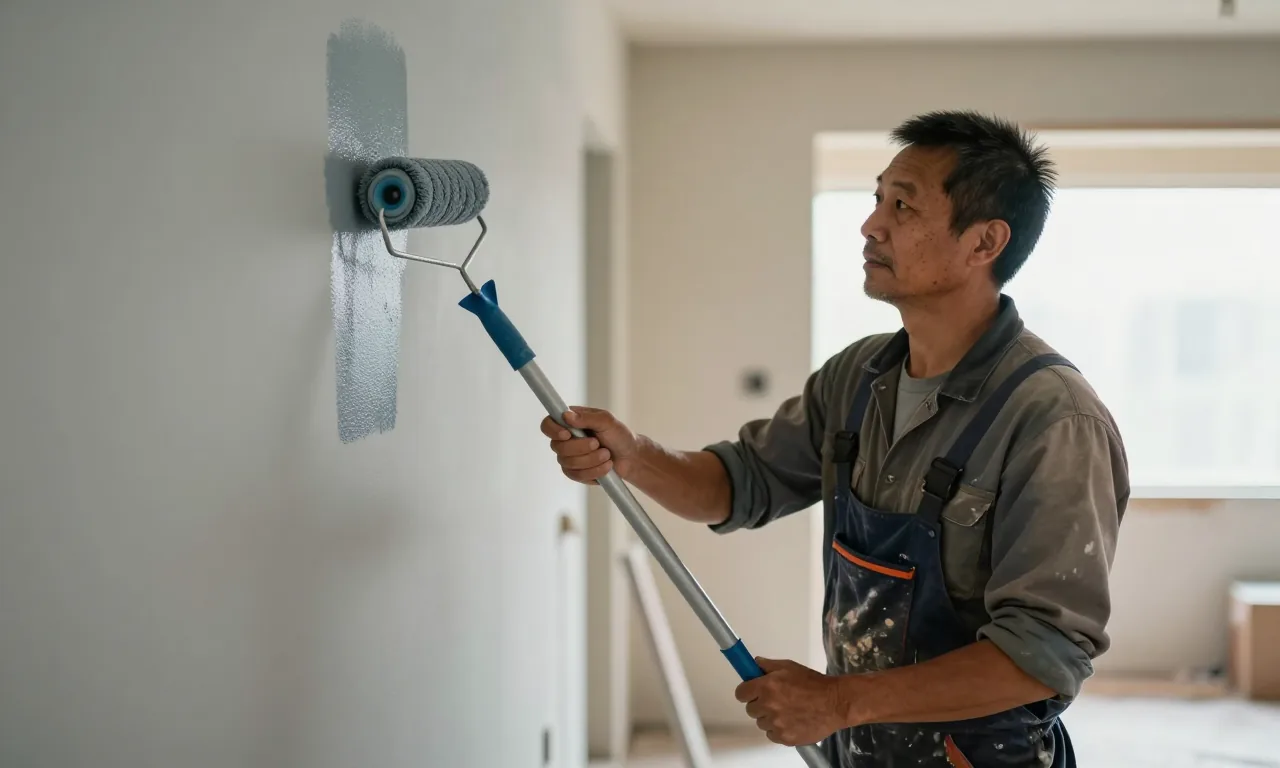 Handyman painting a wall with a roller