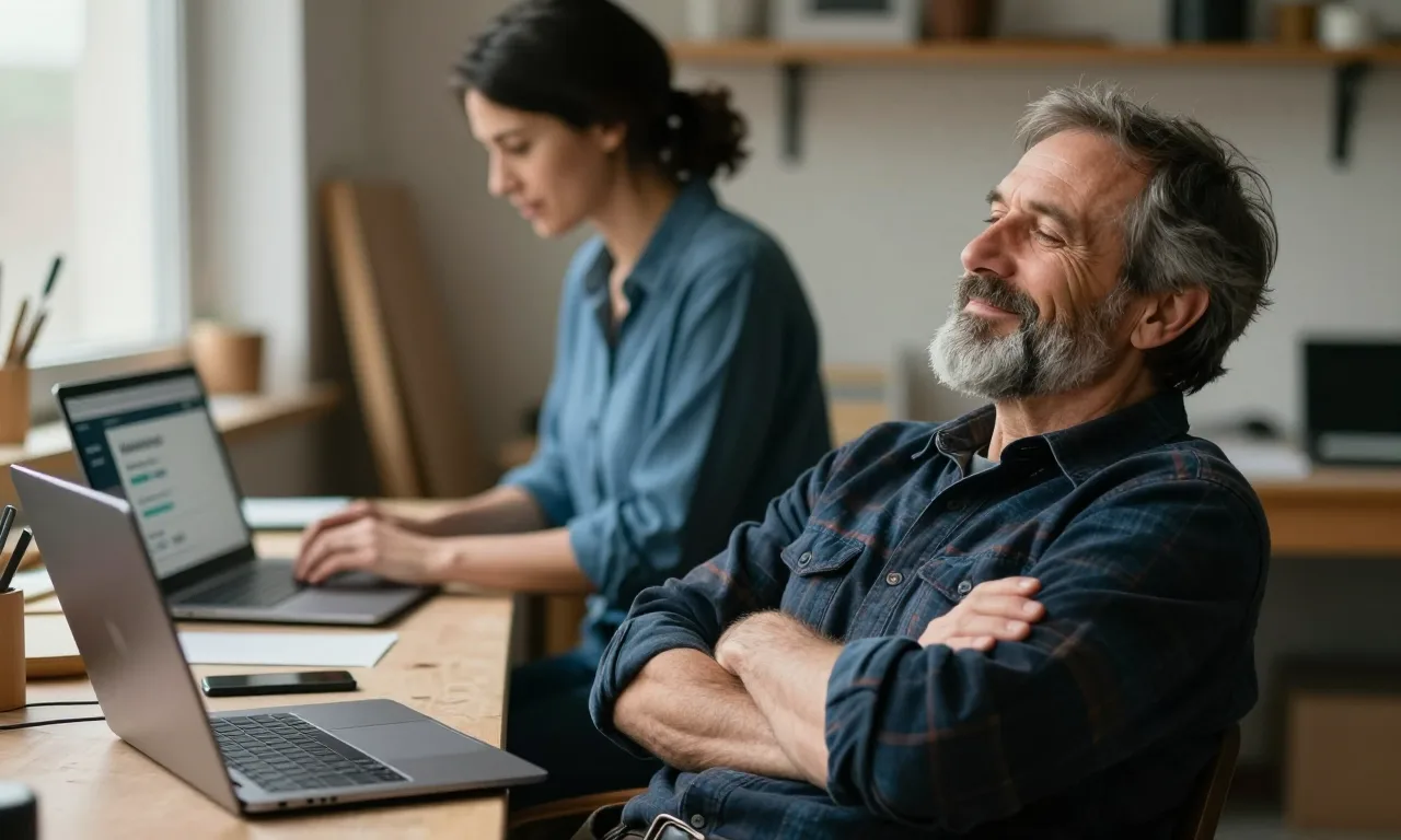 A relaxed older man with a grey beard and flannel shirt leaning back from his laptop in relief while a woman web specialist works at a second laptop behind him