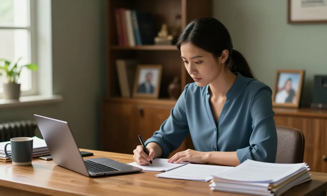 Young attorney planning website content on a laptop with handwritten notes at a conference table