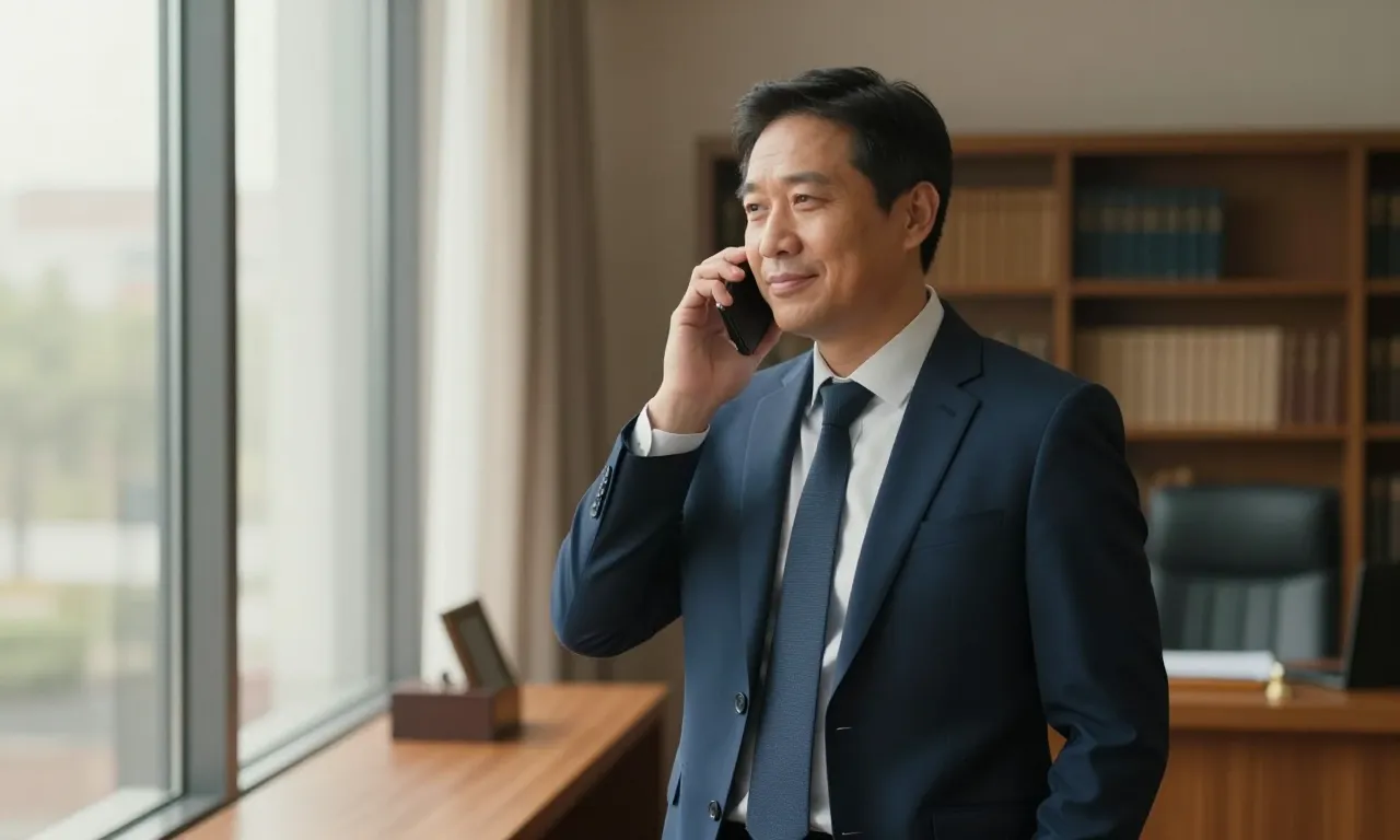 Attorney on a phone call by a bright office window as a client inquiry comes in