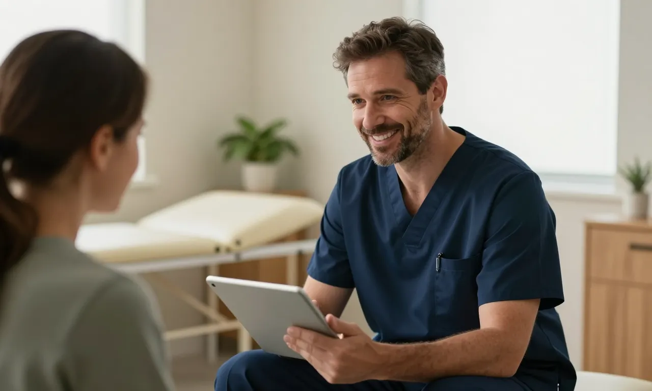 Family doctor in navy scrubs speaking warmly with a patient in a bright clinic room