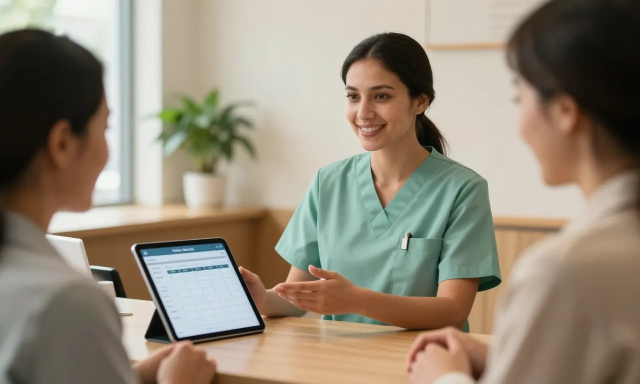 Medical receptionist showing an online scheduling calendar on a tablet to a patient at the front desk