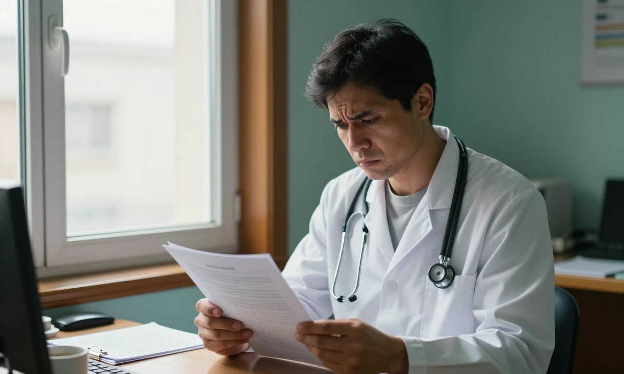 Doctor in a white coat reading a patient chart by a sunny clinic window