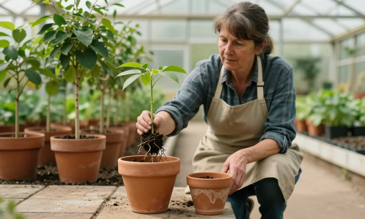 A gardener holding a young tree's root ball between a small decorative pot and a large one, choosing the pot with room to grow