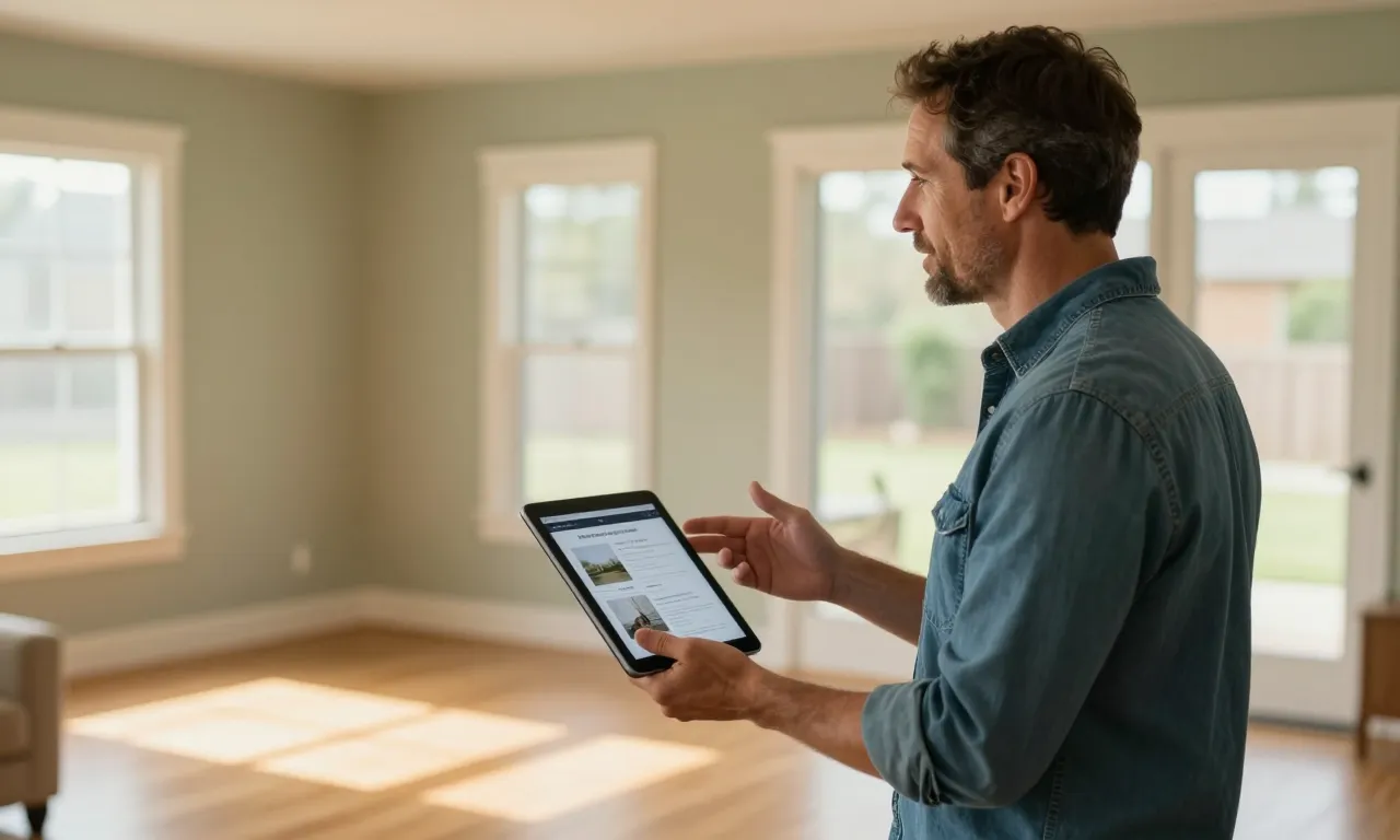 Real estate agent on a porch showing property listings on a tablet to a potential buyer