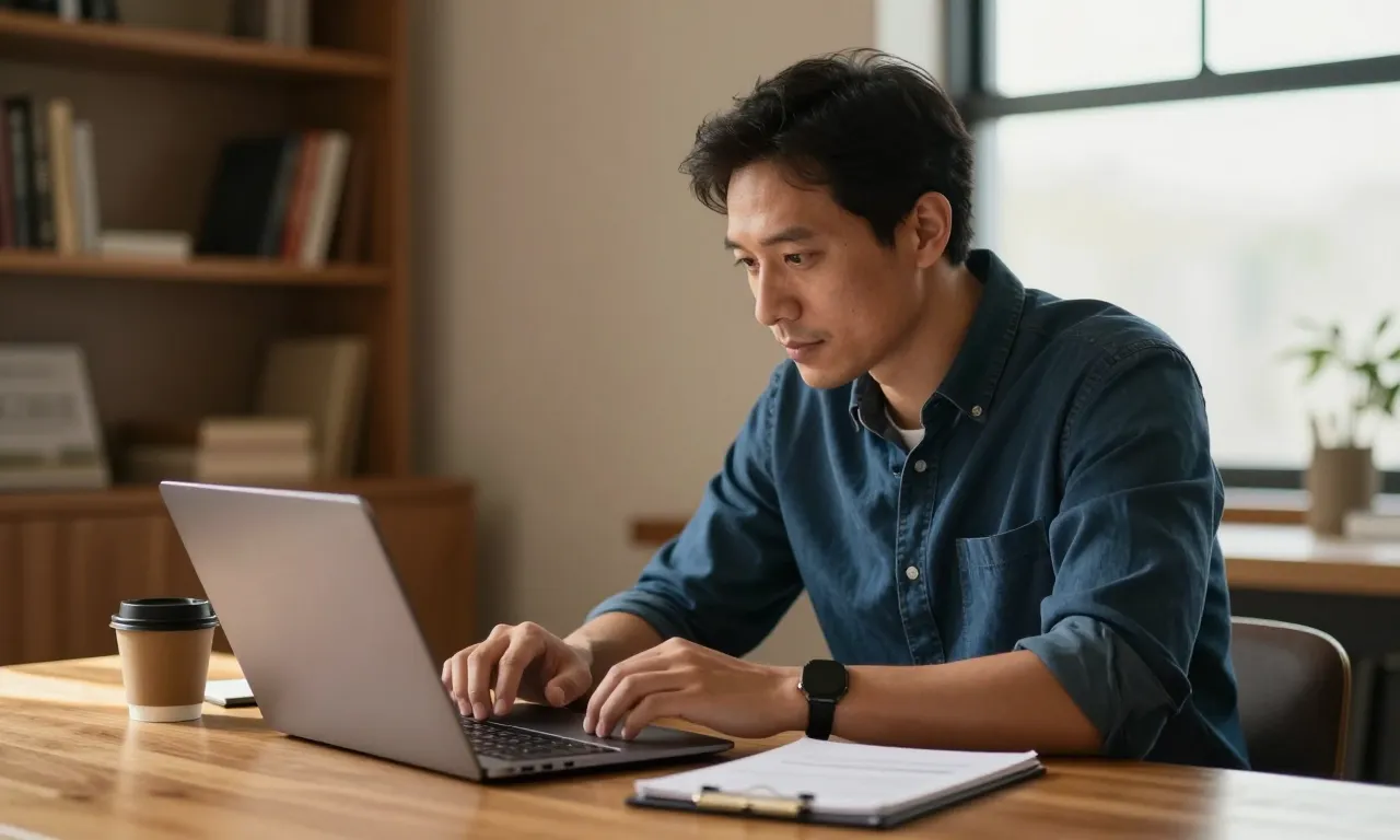 Real estate agent in a navy shirt reviewing a clean website on a laptop at a wooden desk