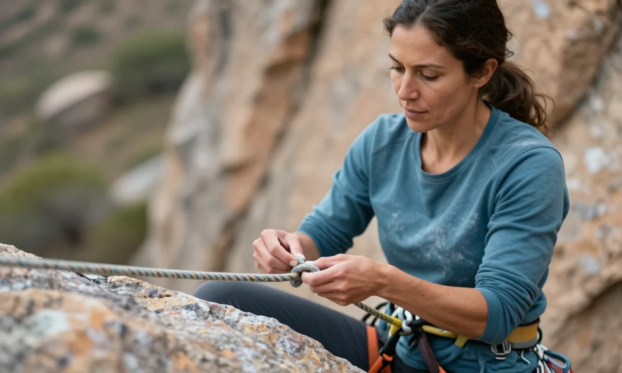 A climber carefully checking and pulling tight the knot on her rope before a climb, testing that it holds before trusting it