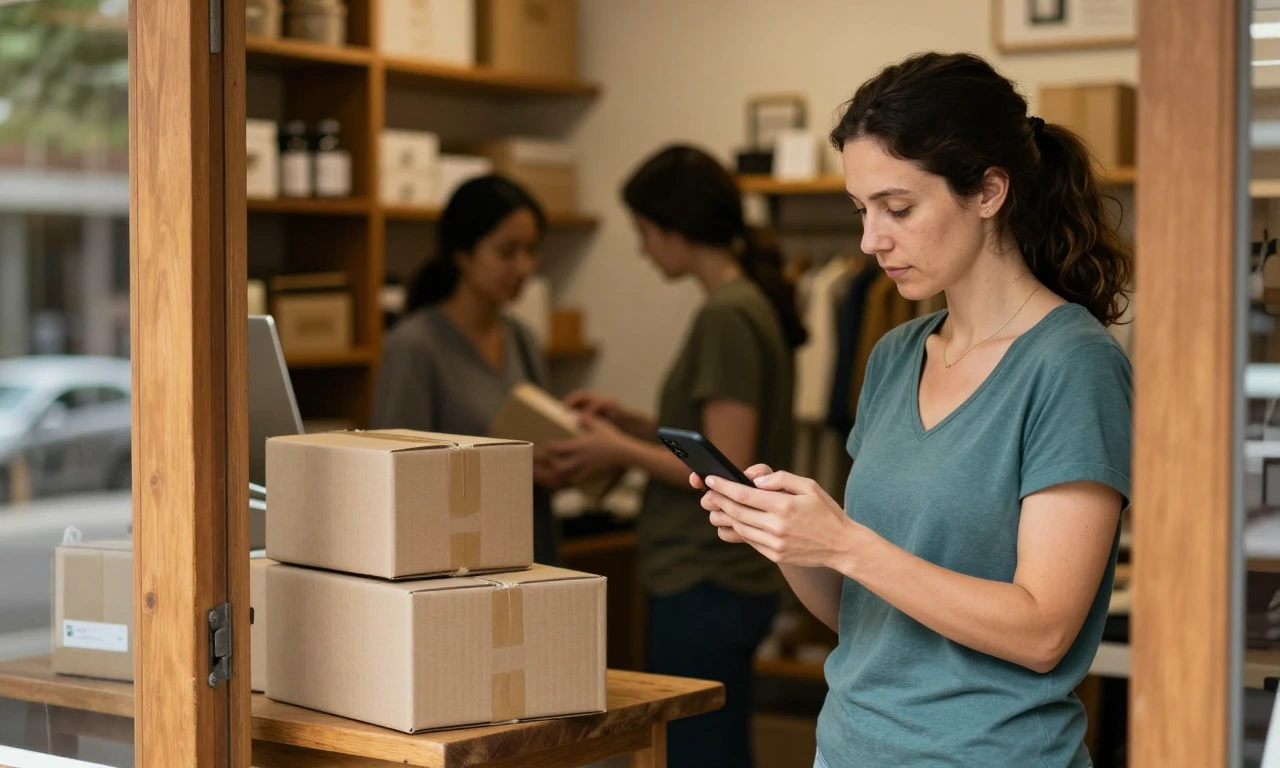 Online store owner checking an order on her phone in a small stocked shop
