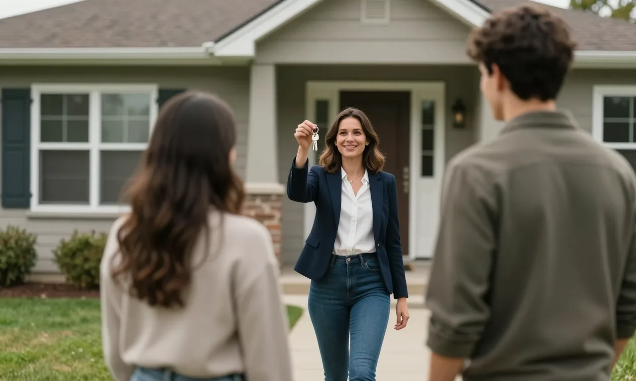 A real estate agent holding up keys at the front door of a house as a young couple walks up the path to meet her